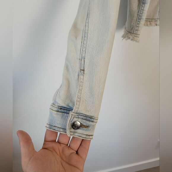 Venus Cropped Acid Wash Denim Jean Jacket Fringe Trim Grunge 90s Biker Small - Picture 6 of 14